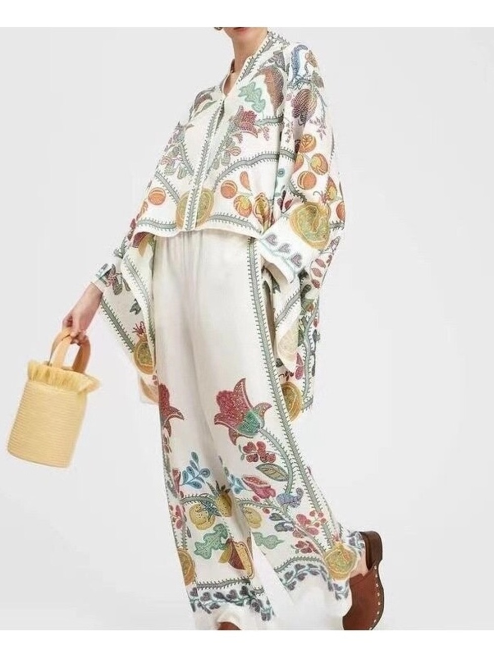 Boho Luxe Printed Two-Piece Set – Flowing Kimono Top & Wide-Leg Pants 2X